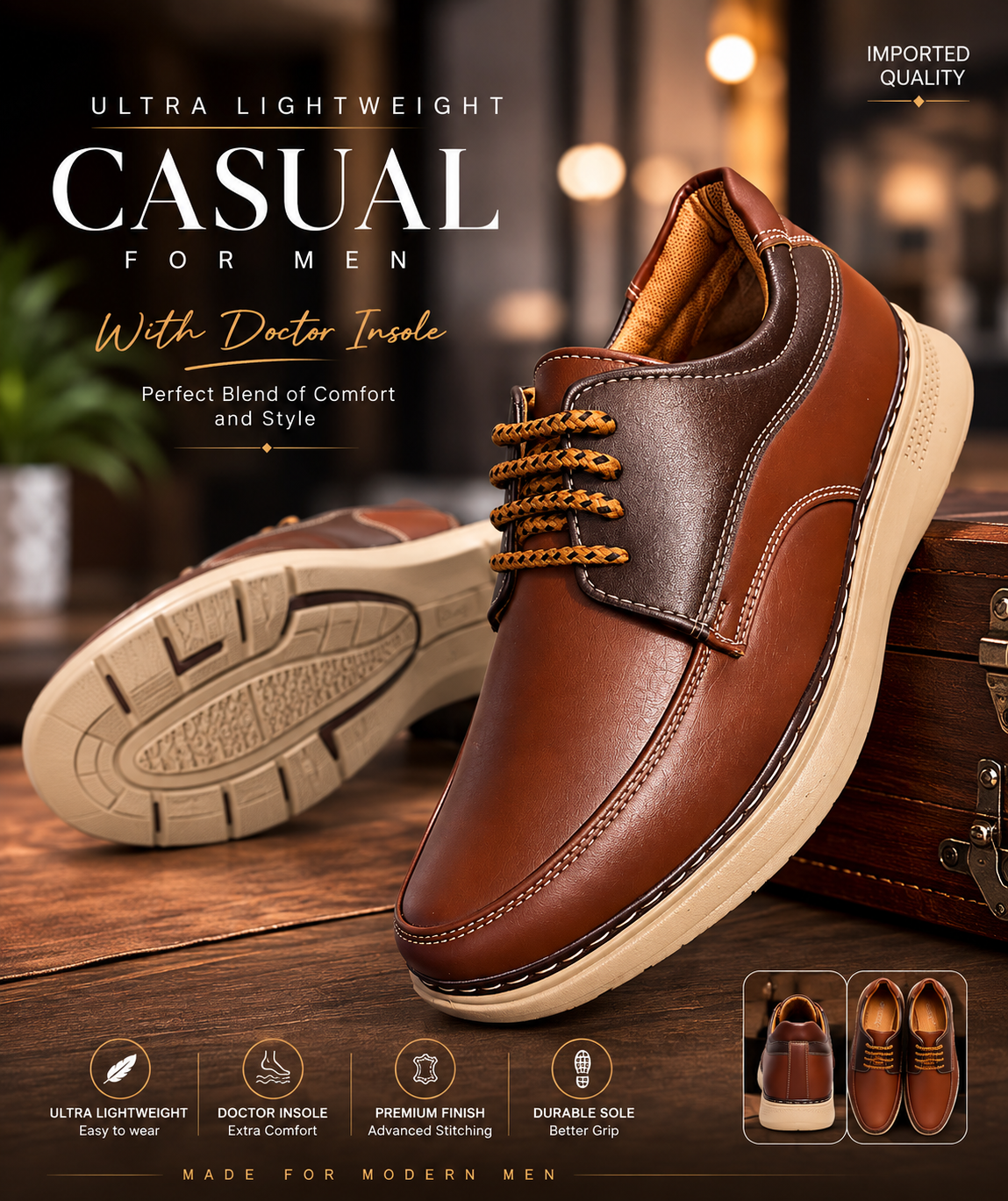 Casual Derby Shoes for Men with Sole Stitching