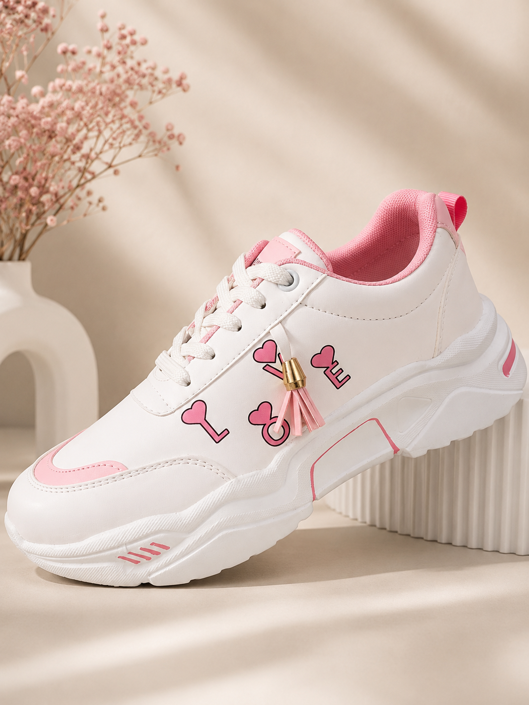 Women’s White/Pink Sneaker with Buckle