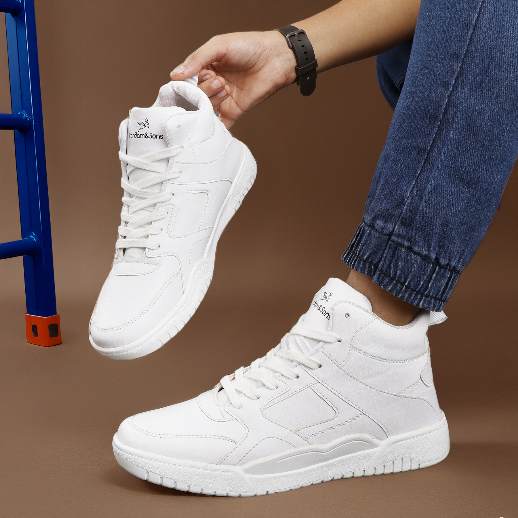Kardam&Sons Men's White High Top Sneakers | Stylish Lace-Up Casual Sports Shoes