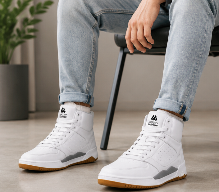 Kardam&Sons Men's White High Top Sneakers | Stylish Lace-Up Casual Sports Shoes
