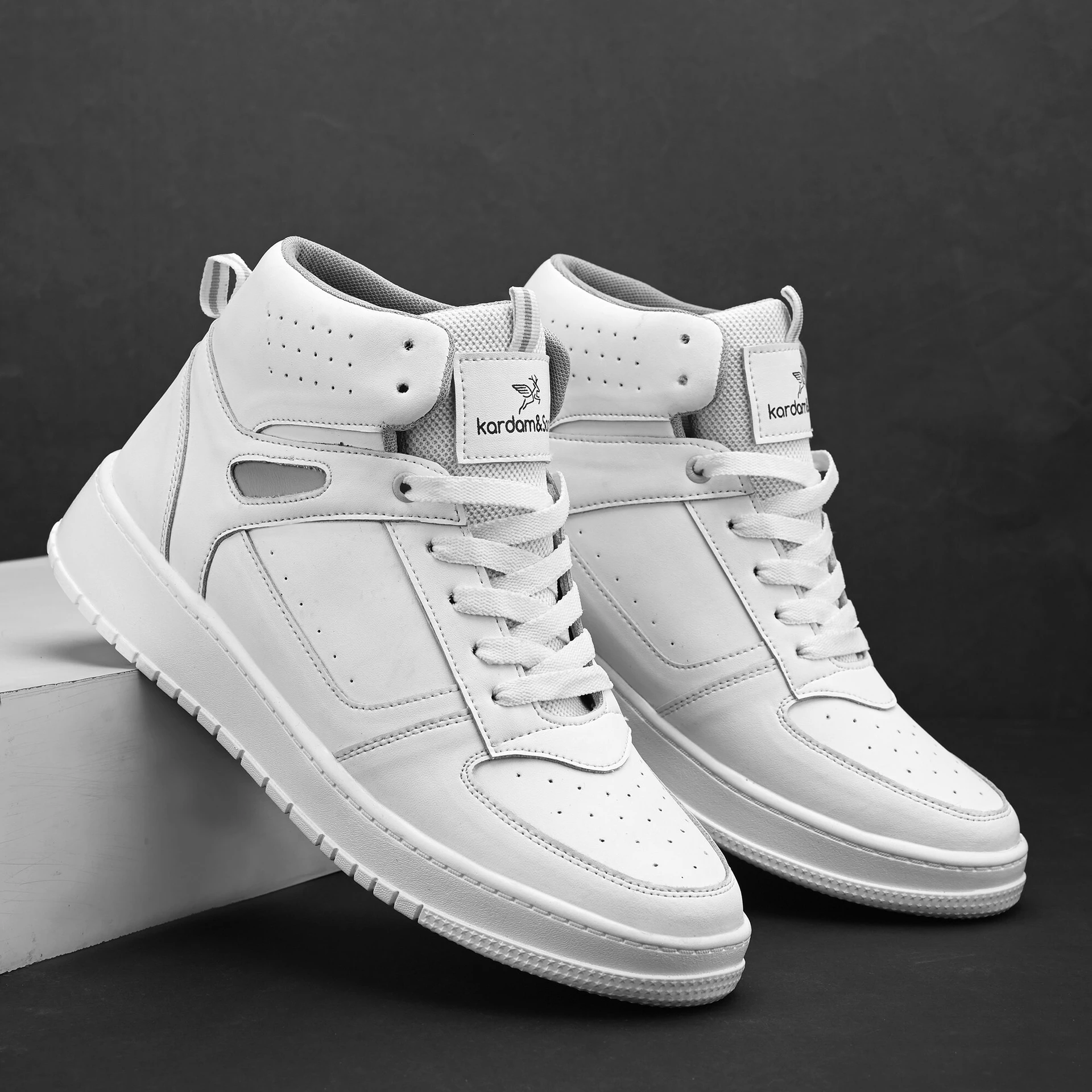 Kardam&Sons Men's White High Top Sneakers | Stylish Lace-Up Casual Sports Shoes